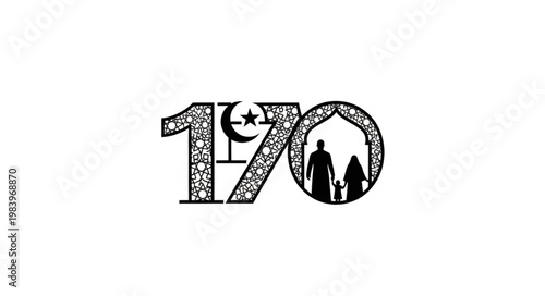 Islamic family silhouette inside the number 170 with moon and star.