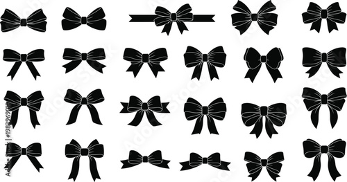 Collection of black bow tie and ribbon on white background symbol