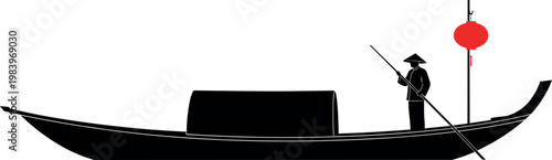 Traditional Asian boat silhouette with fisherman rowing under red lantern, minimalist river scene inspired by Chinese culture and heritage