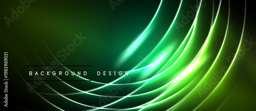 Abstract green neon lines create dynamic background. Smooth curves suggest movement, energy, modern design aesthetic. Dark space enhances glow.