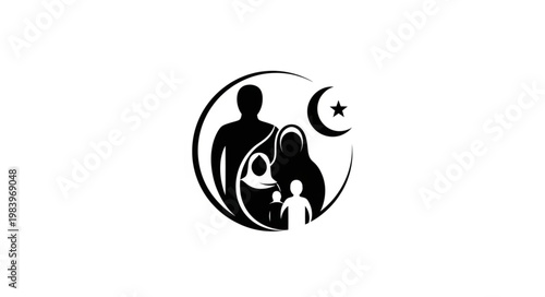 Islamic family silhouette with crescent moon and star symbol.