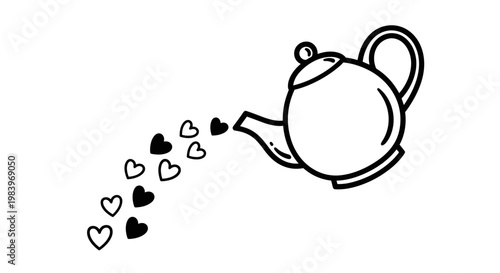 Teapot pouring hearts illustration vintage sketch drawing love romance feeling emotion affection celebration gift.