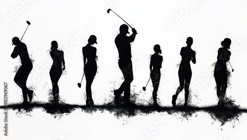 Seven golf silhouettes in a dynamic swing sequence with ink splatter and high-contrast minimalist composition conveying focused energy