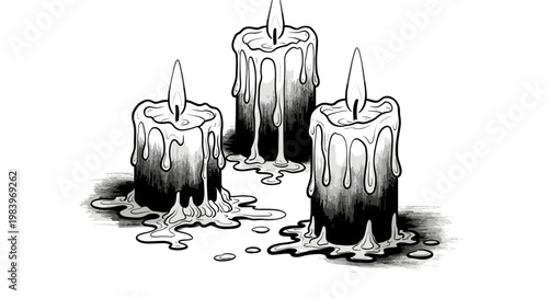 Three melting candles with dripping wax burning brightly atmospheric mood lighting artistic representation isolated on white background.