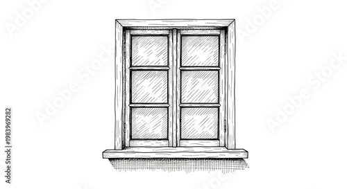 Traditional wooden window frame with glass panes in hand drawn hatching style isolated on white background for architecture.