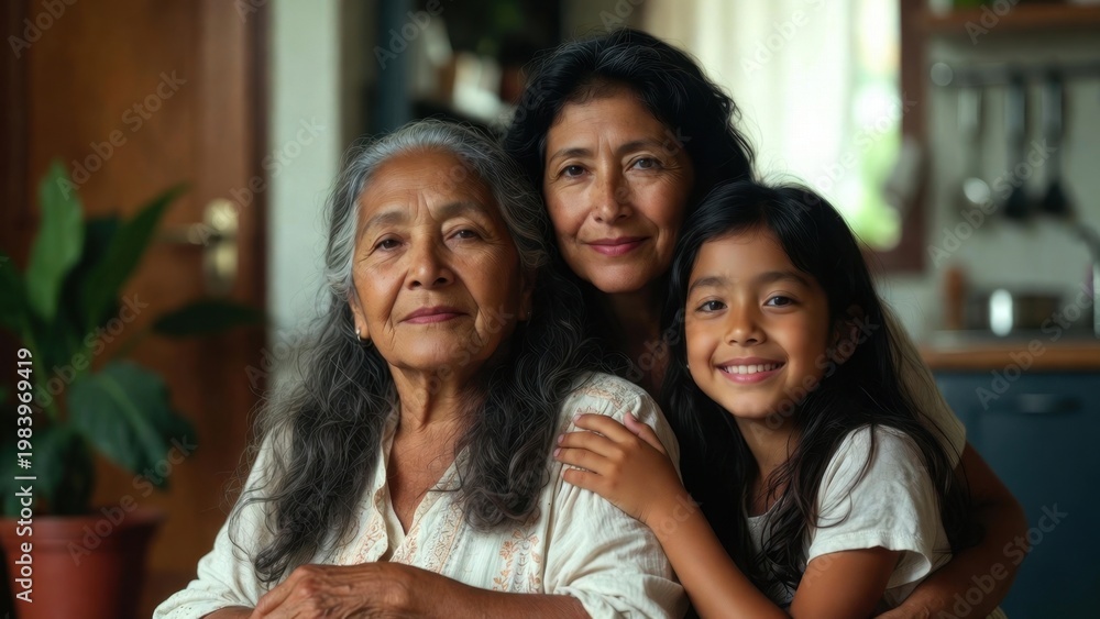 Fototapeta premium Warm embrace of three generations in a cozy kitchen