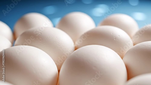 Close-up view of multiple fresh white chicken eggs tightly packed together in rows, showing smooth shell textures and soft lighting against a blurred blue background with bokeh highlights.