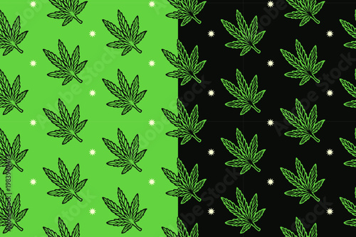 Cannabis leaf with star doodle seamless pattern on green black background set for merchandise. Marijuana leaf with bright engraving pattern background. Hemp weed leaves hand drawn motif wallpaper