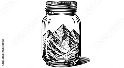 Vintage style engraving of mountain range landscape inside glass mason jar bottle representing adventure and preservation.