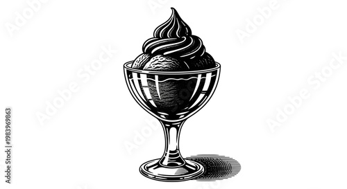 Vintage style ice cream sundae in glass bowl with whipped cream swirl topping delicious frozen dessert engraving artwork.