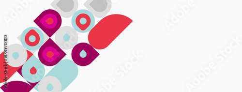 Abstract geometric shapes, circles, squares, overlapping colors. Pink, red, turquoise hues dominate white background. Modern design.