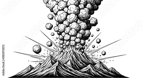 Volcano erupting with smoke and ash, sending rocks into sky, dramatic mountain explosion, natural disaster, powerful geological event illustration.