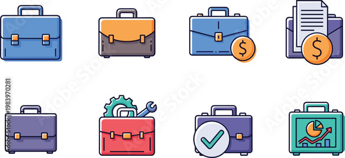 Briefcase icons vector set with business finance portfolio work documents money professional office bag collection design