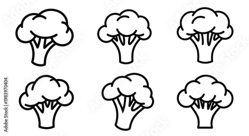 Simple black and white illustration of six broccoli florets silhouette