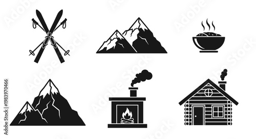 Winter mountain scene with skis, poles, mountains, hot food, fireplace, and log cabin suggesting cozy winter retreat activities.