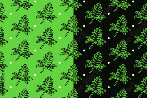 Cannabis bud with dot doodle seamless pattern on green black background set for merchandise. Hemp leaf and flower engraving pattern background. Marijuana weed nug hand drawn motif wallpaper