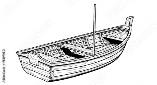 Wooden rowboat drawing in black and white line art style isolated on white background for marine and nautical design work.