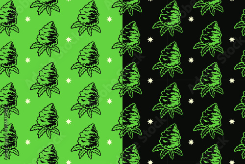 Marijuana cannabis flower with light doodle seamless pattern on green black background set for merchandise. Hemp bud engraving pattern background. Weed nug with star hand drawn motif wallpaper