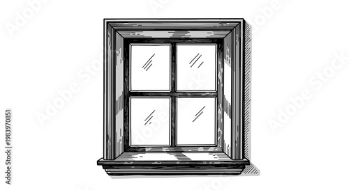 Wooden window frame with four panes, in vintage sketch style, architectural element for house design.