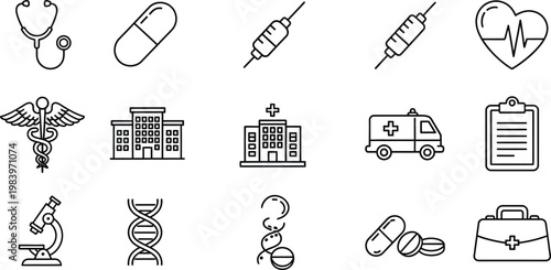 Medical including stethoscope capsule syringe heart pulse caduceus hospital ambulance clipboard microscope dna pills and first aid kit