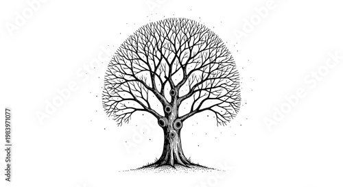 A beautifully intricate black and white line art illustration of a bare tree with delicate branches and scattered leaves.