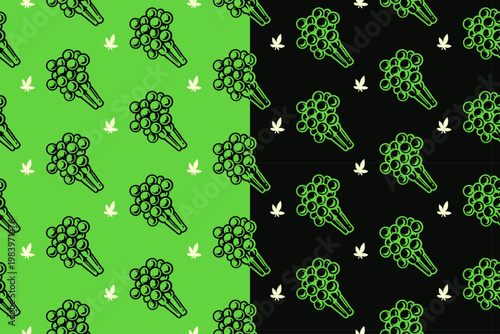 Cannabis bud cluster with leaves doodle seamless pattern on green black background set for merchandise. Hemp flower cluster engraving pattern background. weed nuggets hand drawn motif wallpaper