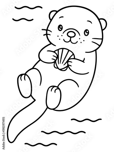 Playful Sea Otter with Shell: A whimsical sea otter floats gently on water, cradling a seashell in its paws, embodying peace and marine elegance.