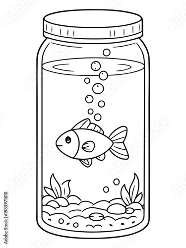 Fish in a Jar: A monochrome illustration features a goldfish swimming in a glass jar.