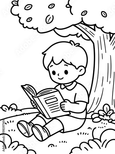 Literary Haven: A child absorbed in the world of reading, finding solace beneath the shade of a nurturing tree.