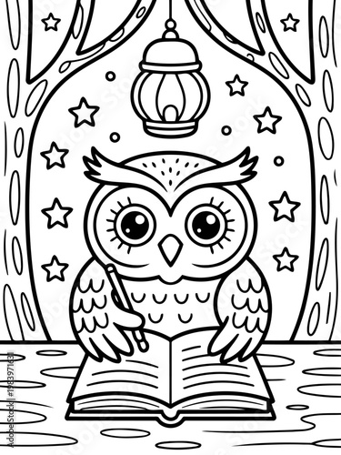 Wise Owl's Study: A clever owl, perched before an open book, pensively holds a pen under the soft glow of a hanging lantern, with stars shimmering in the night sky.