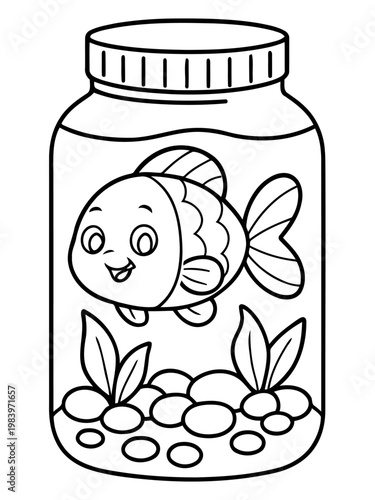 Fish in a Jar: An adorable, cartoon-style depiction of a cheerful fish gracefully swimming within a glass jar, complemented by pebbles and aquatic plants.