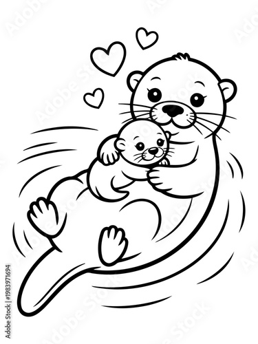 Mother Otter's Embrace: A heartwarming illustration of a mother otter cradling her baby with a gentle touch, surrounded by floating hearts.