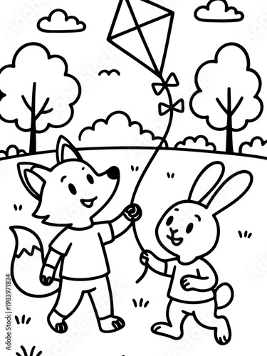 Friendly Flight: A delightful scene of a fox and a rabbit joyfully flying a kite together, set against a cheerful backdrop of nature, clouds, and trees.