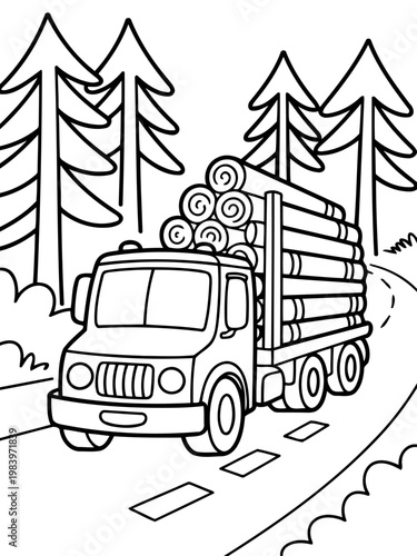 Lumber Truck on the Road: A sturdy lumber truck hauling a load of freshly cut logs winds its way along a scenic road through a dense forest.