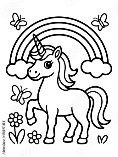 Whimsical Unicorn and Rainbow: A whimsical unicorn stands proudly beneath a vibrant rainbow, accompanied by playful butterflies and cheerful flowers, creating a scene of enchantment and joy. 
