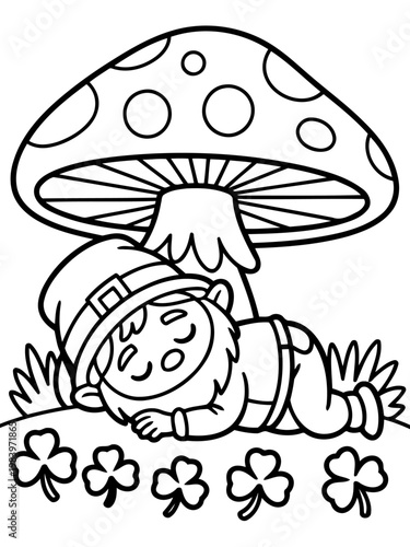 Sleeping Leprechaun Under Mushroom: A serene leprechaun sleeps peacefully under a whimsical mushroom, surrounded by lucky clovers, capturing the enchantment of a whimsical fairy tale setting.