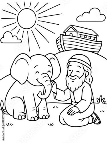 Noah's Ark and Elephant: A heartwarming illustration depicts Noah with a friendly elephant, with the ark and sun in the background, a scene brimming with faith, animals and nature.