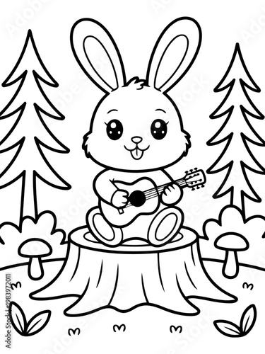 Melody of the Forest: An adorable cartoon bunny serenades its woodland companions with a charming tune on a miniature guitar. The illustration captures the whimsy and joy of a musical moment.