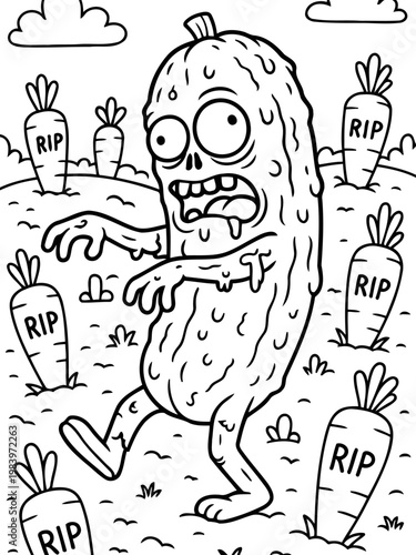 Pickle Zombie in Graveyard : A bizarre scene featuring a pickle transformed into a zombie, shambling through a graveyard with carrot tombstones.