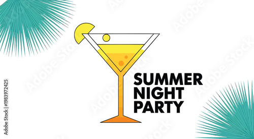 Summer party, cocktail icon, martini glass, yellow drink, party label, vector graphic