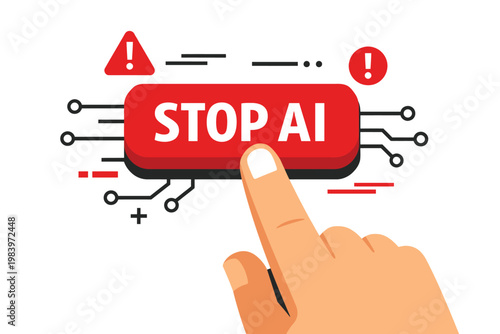 Close-Up Finger Pressing “STOP AI” Button – Conceptual Technology Vector Illustration