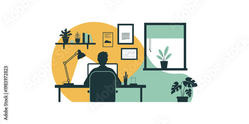 Vector illustration of a person sitting at a desk in a home office