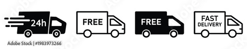 Fast delivery icon set with truck and van symbols – express shipping, 24 hour service, free delivery icons on white background.