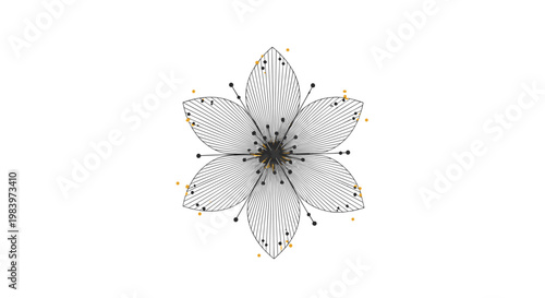 Abstract black and white flower mandala design with fine dot work and yellow sparkles creating a symmetrical floral motif.