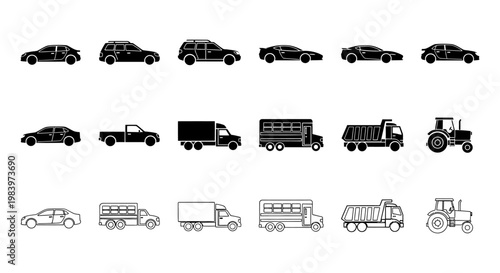 collection of vehicle icons including cars trucks buses and tractor