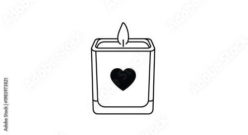 Clean black outline drawing of a square candle holder with a heart symbol and a small lit flame at the top center.