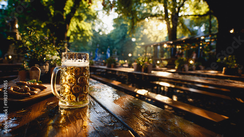 An empty traditional Munich beer garden in the English Garden during the golden hour of a June summer day. Long wooden benches and tables are neatly arranged under a flowering chestnut tree.