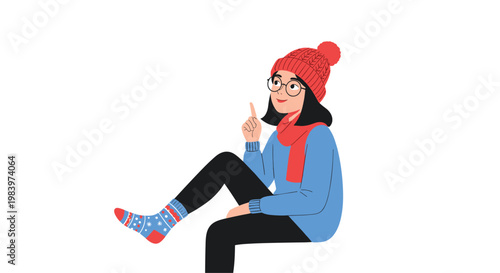Young girl in winter clothing sitting and pointing her finger upwards with a thoughtful expression on her face.