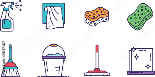 Cleaning tools icons vector set with spray bottle sponge mop bucket broom household hygiene equipment flat design