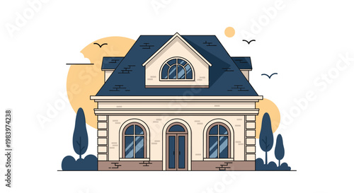 Detailed illustration of a large traditional stone house with a blue roof, attic window, trees, and birds in the sky at sunset.